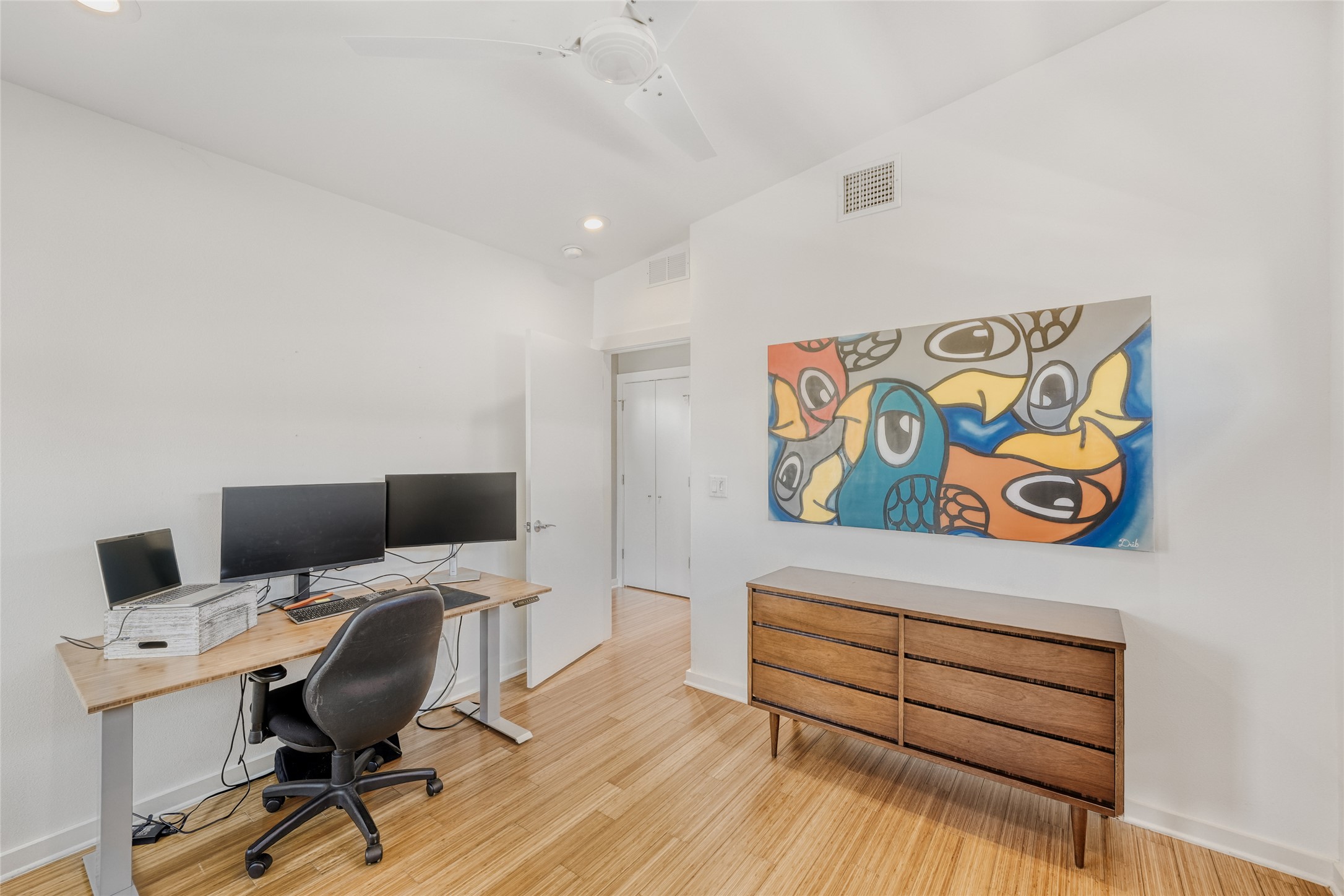 5909 Lux Street Austin, TX 78721 - Photo 21 of 28 Bedroom #3 with ceiling fan, lofted ceiling, and recessed lighting