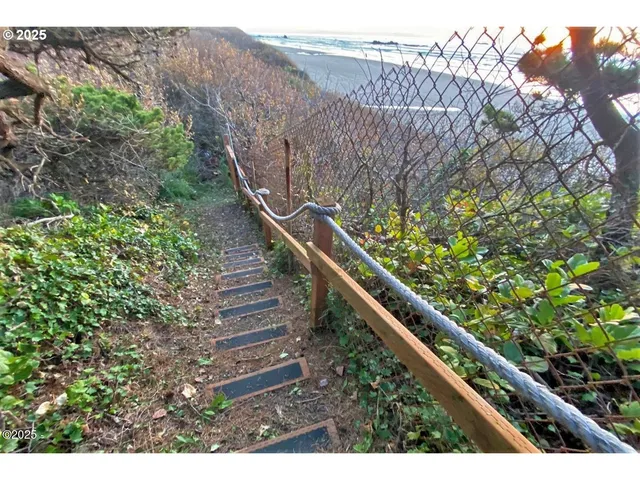 a view of a yard with potted plants and wooden fence