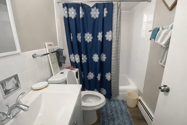 a white toilet sitting next to a shower curtain