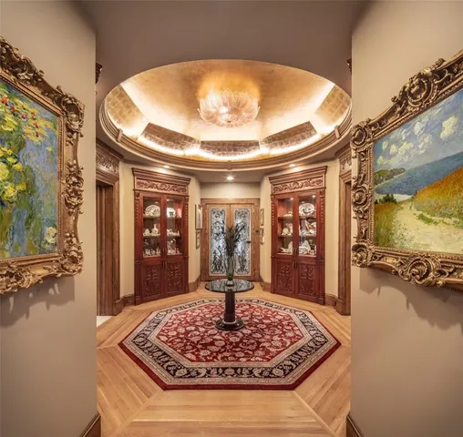 a view of a very nice looking dining room with a table and chairs