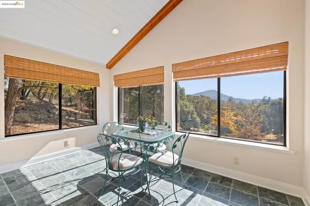 a living room with furniture a dining table and a potted plant