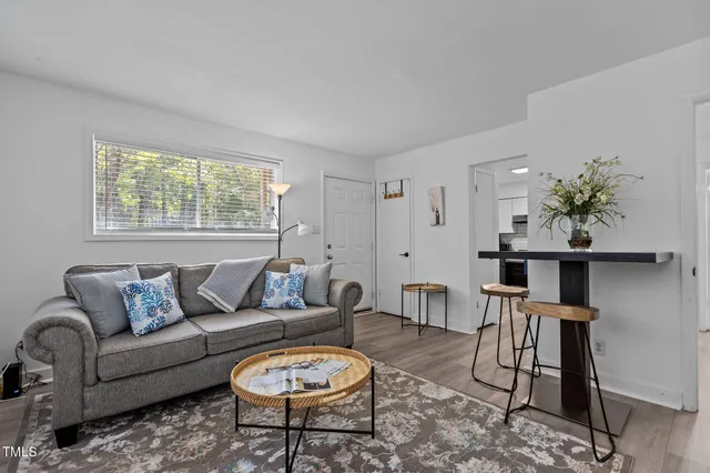 a living room with furniture a rug and a window