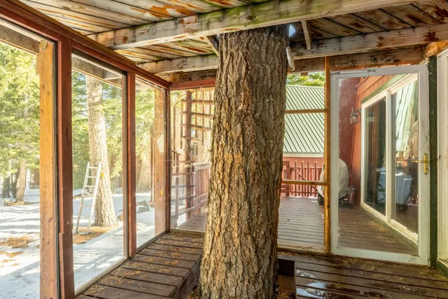 a view of a building with a glass door