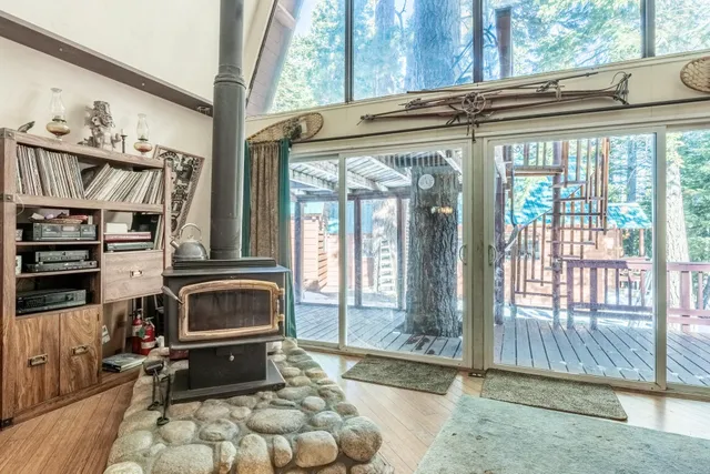 a view of a building with sitting area