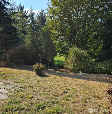 a view of a water fountain and small yard