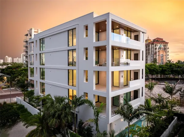 a front view of a multi story building