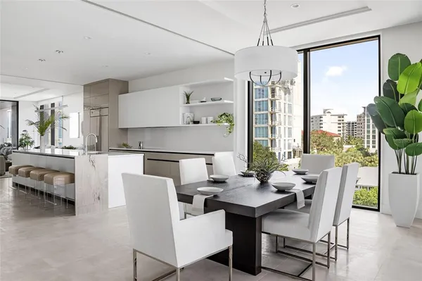 a view of a dining room with furniture window and outside view