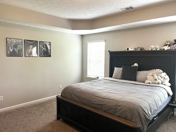 a bedroom with a bed and cabinet