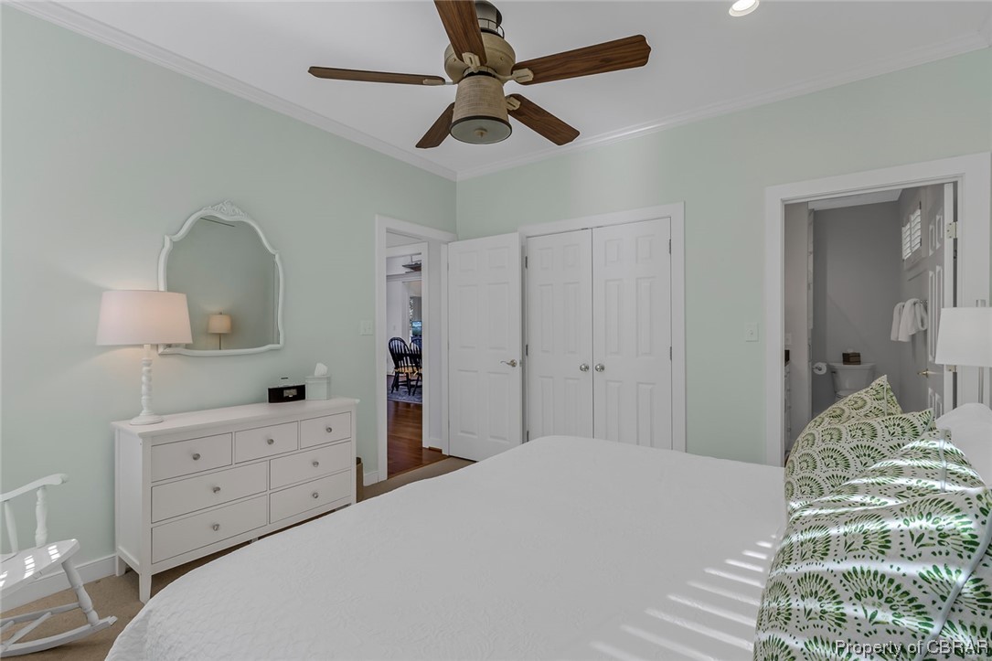 192 Bayberry Point Lane Kilmarnock, VA 22482 - Photo 43 of 49 Bedroom with ceiling fan, hardwood flooring, and ornamental molding