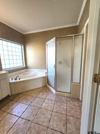 a bathroom with a bathtub and a shower