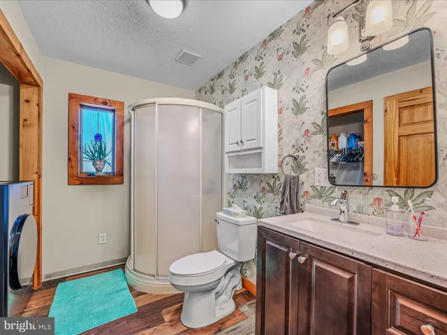 a bathroom with a sink a toilet and shower