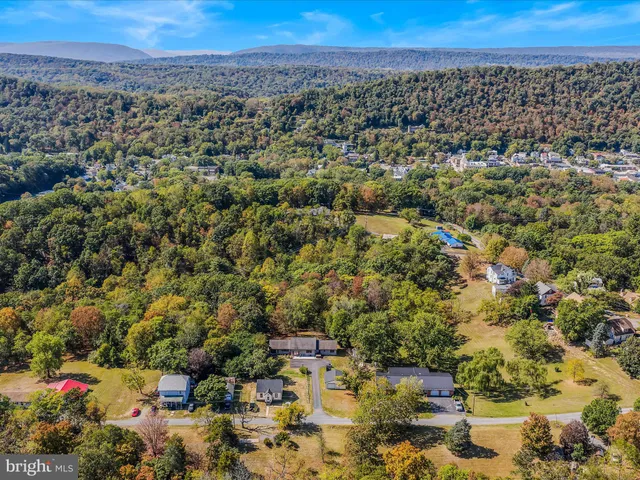 an aerial view of a houses with a lush green hillside