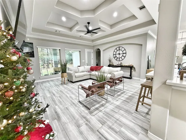 a living room with furniture and a potted plant