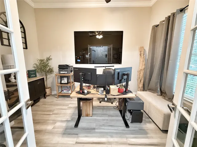 a work place with table and chairs