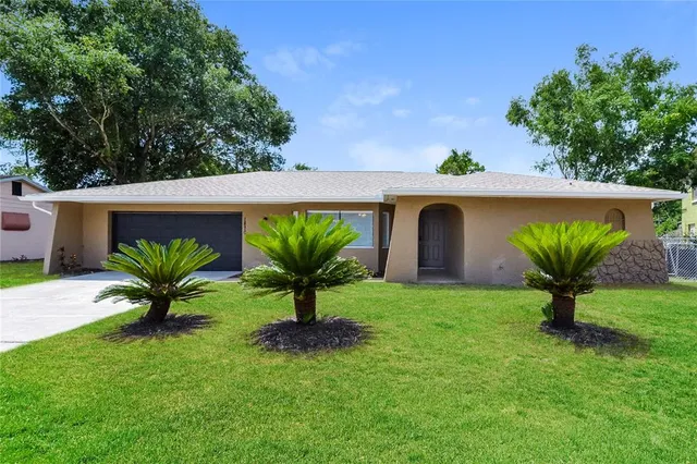 a view of a house with a yard and potted plants