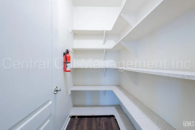 a storage room with cabinets