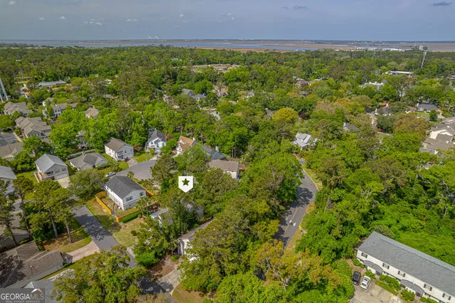 an aerial view of residential houses with outdoor space and trees