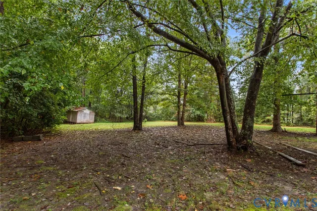 a view of a green field with trees in the background