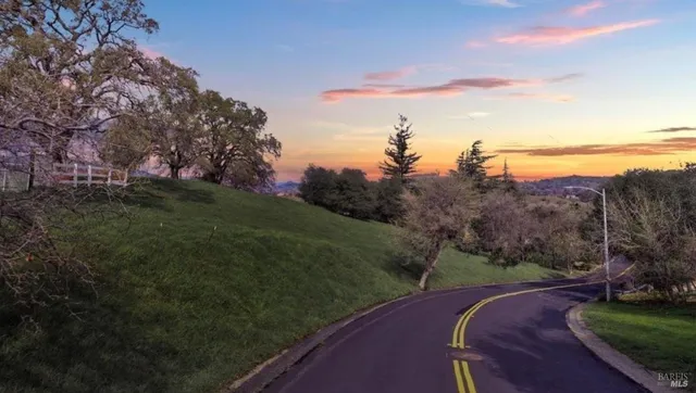 a view of a grassy area with mountains and a background