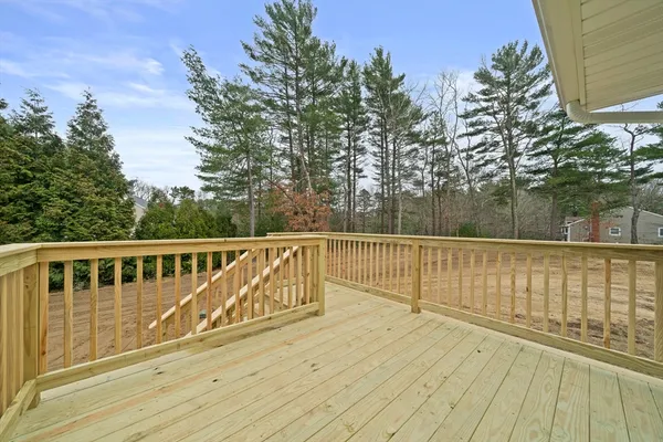a view of deck with a large trees