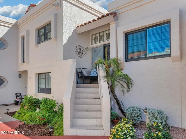 a potted plant sitting in front of a house