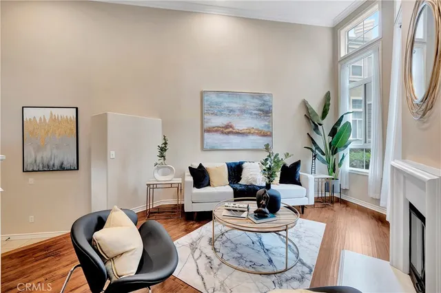 a living room with furniture potted plant and a fireplace