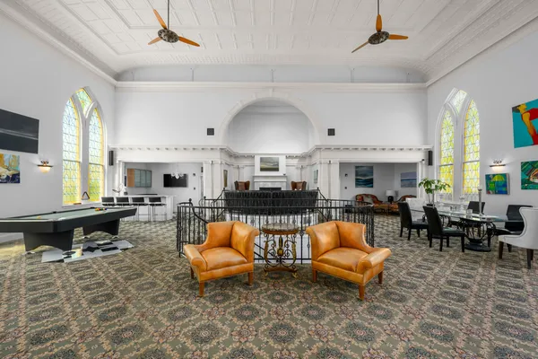 a view of a dining room with furniture