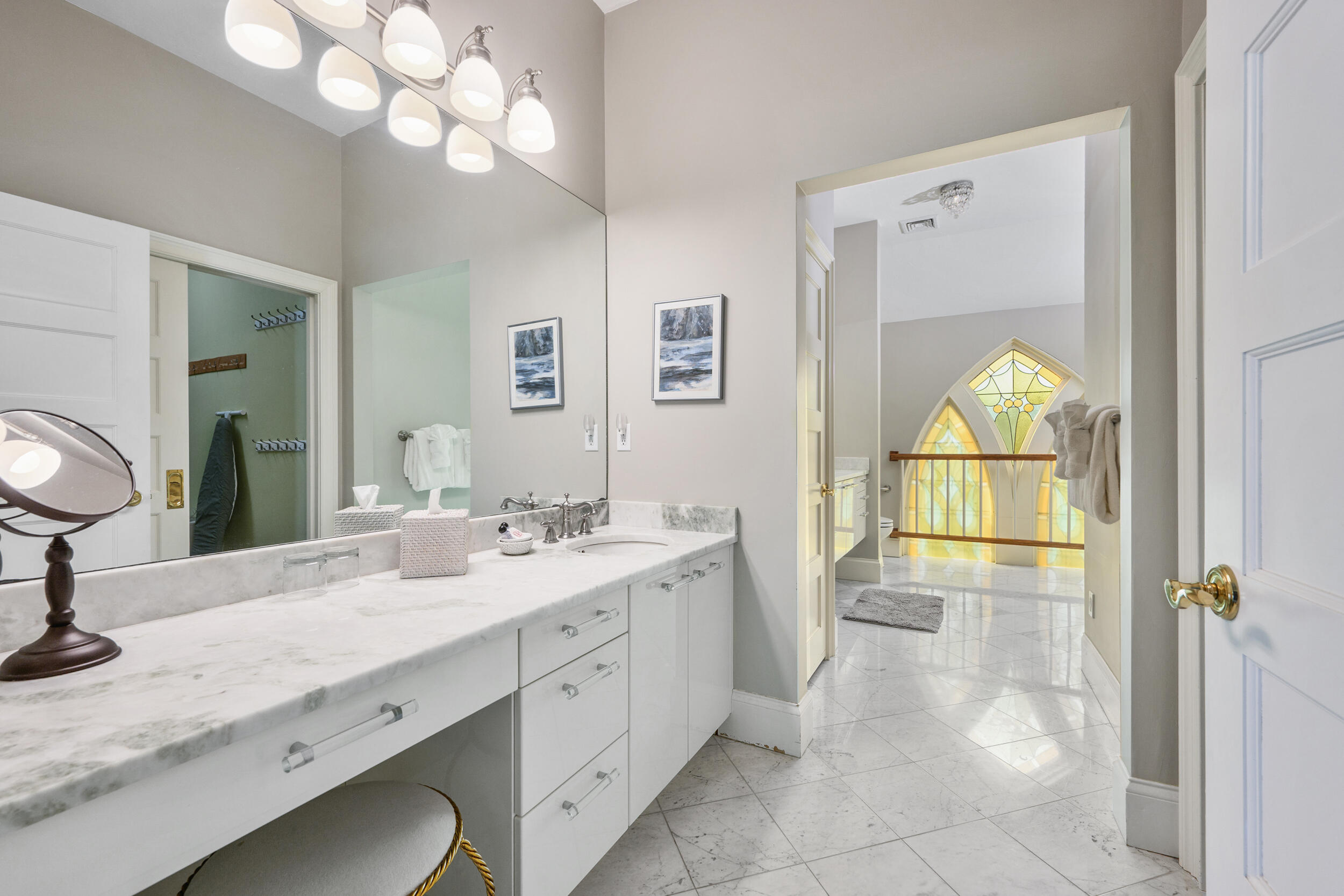 143 Main Street Sandwich, MA 02563 - Photo 37 of 39 a bathroom with a granite countertop sink a mirror and a shower