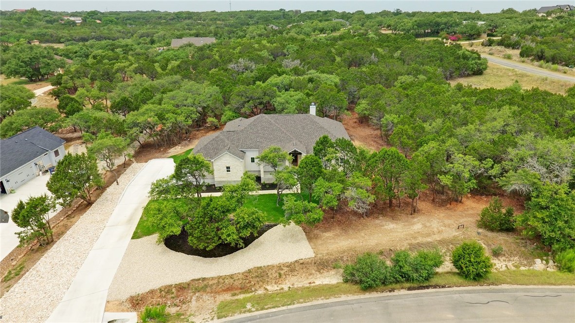 an aerial view of a house with yard and greenery