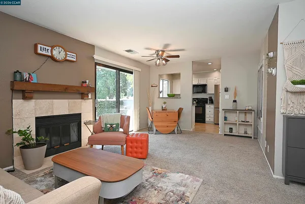 a living room with furniture and a fireplace