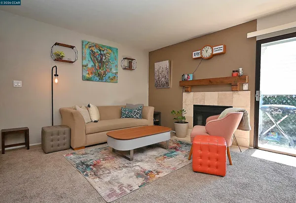 a living room with furniture a rug and a fireplace