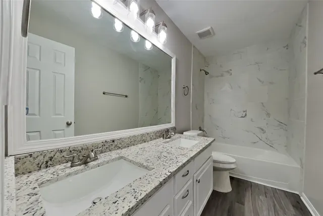 a bathroom with a granite countertop sink a toilet and bathtub