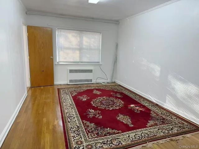 a view of a room with wooden floor and a rug
