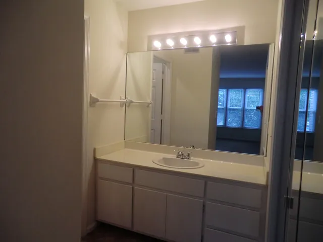 a bathroom with a sink double vanity and a mirror