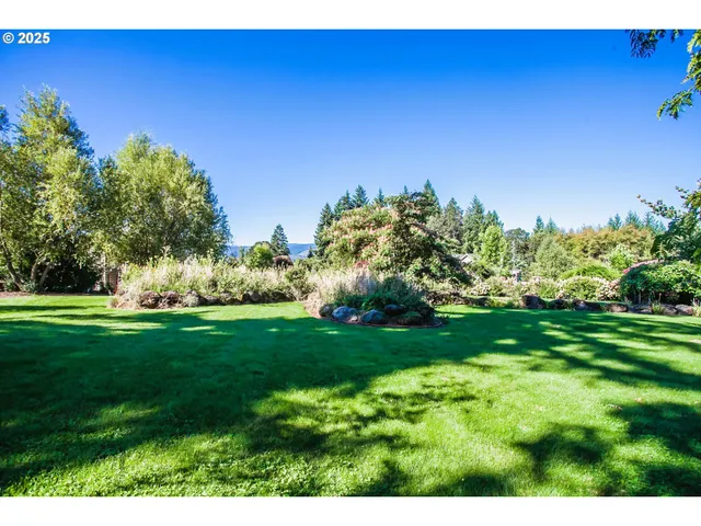 a backyard of a house with yard and trampoline