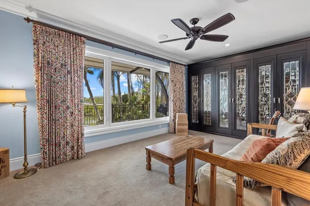 a view of a lake with a garden