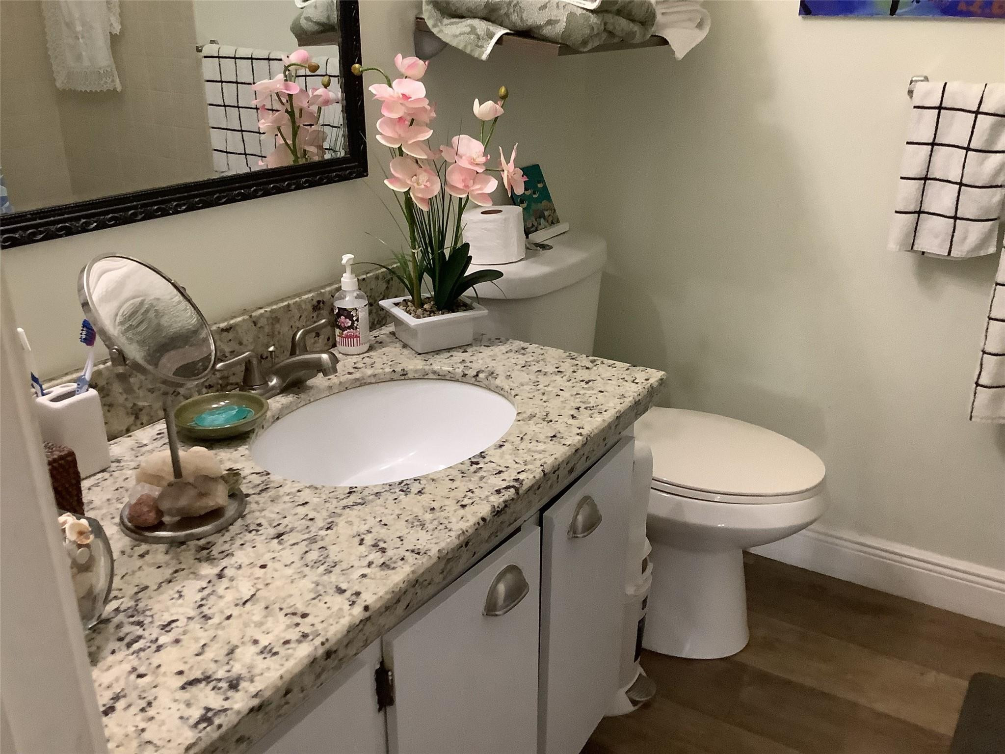 4765 South Hemingway Circle, Unit 68 Margate, FL 33063 - Photo 21 of 39 a bathroom with a granite countertop sink a toilet and mirror