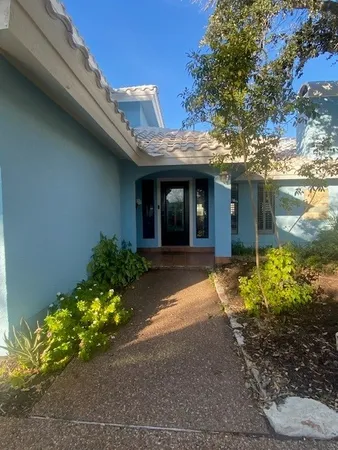 a view of a house with potted plants
