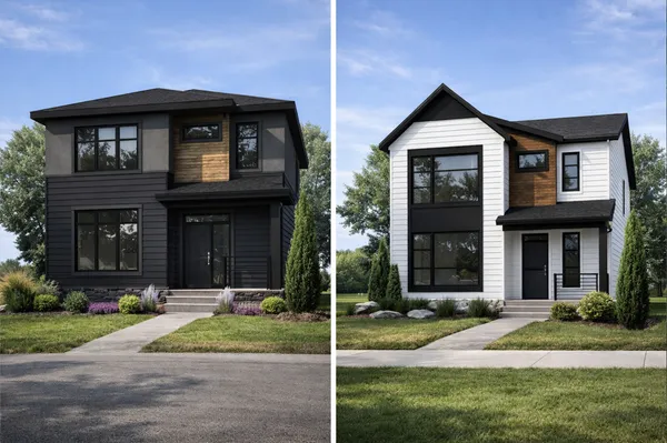 a view of a brick house with a large windows and a yard with plants