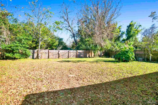a view of a yard with large trees