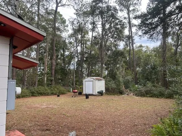 a backyard of a house with a tree