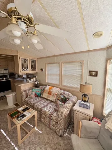 a living room with furniture a ceiling fan and a rug