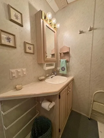 a bathroom with a sink vanity and a mirror