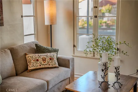 a living room with furniture and a potted plant