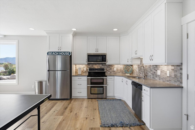 21 Pier Place Tooele, UT 84074 - Photo 54 of 112 Contemporary kitchen featuring white cabinetry, stainless steel appliances, wood-finish flooring, and a mosaic tile backsplash
