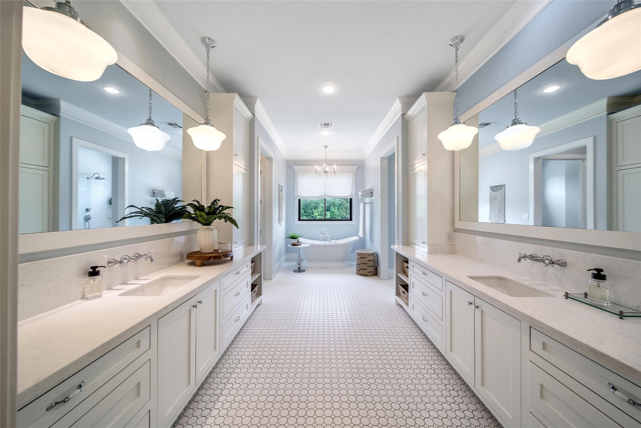 18875 Rabon Chapel Road Montgomery, TX 77316 - Photo 15 of 45 a large white bathroom with a double vanity sink a mirror and a bathtub