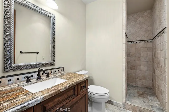 a bathroom with a granite countertop sink toilet and shower