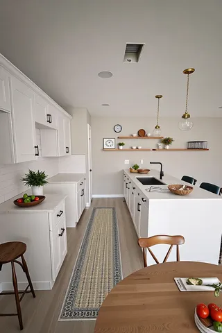 a kitchen with a white stove top oven and white cabinets