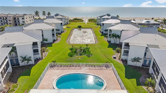 an aerial view of a swimming pool