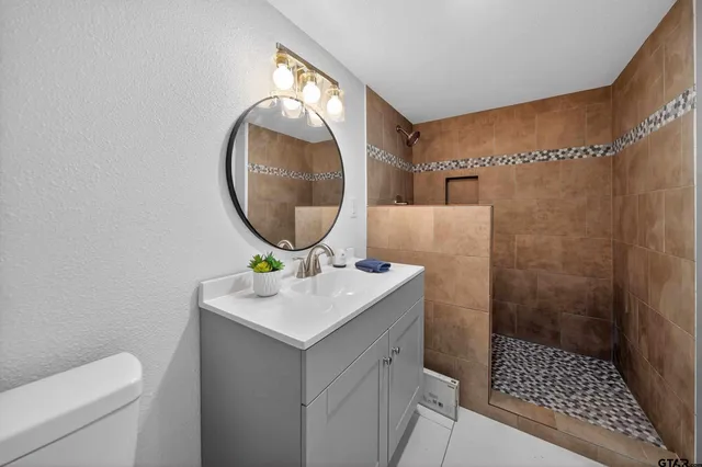 a bathroom with a sink toilet and shower